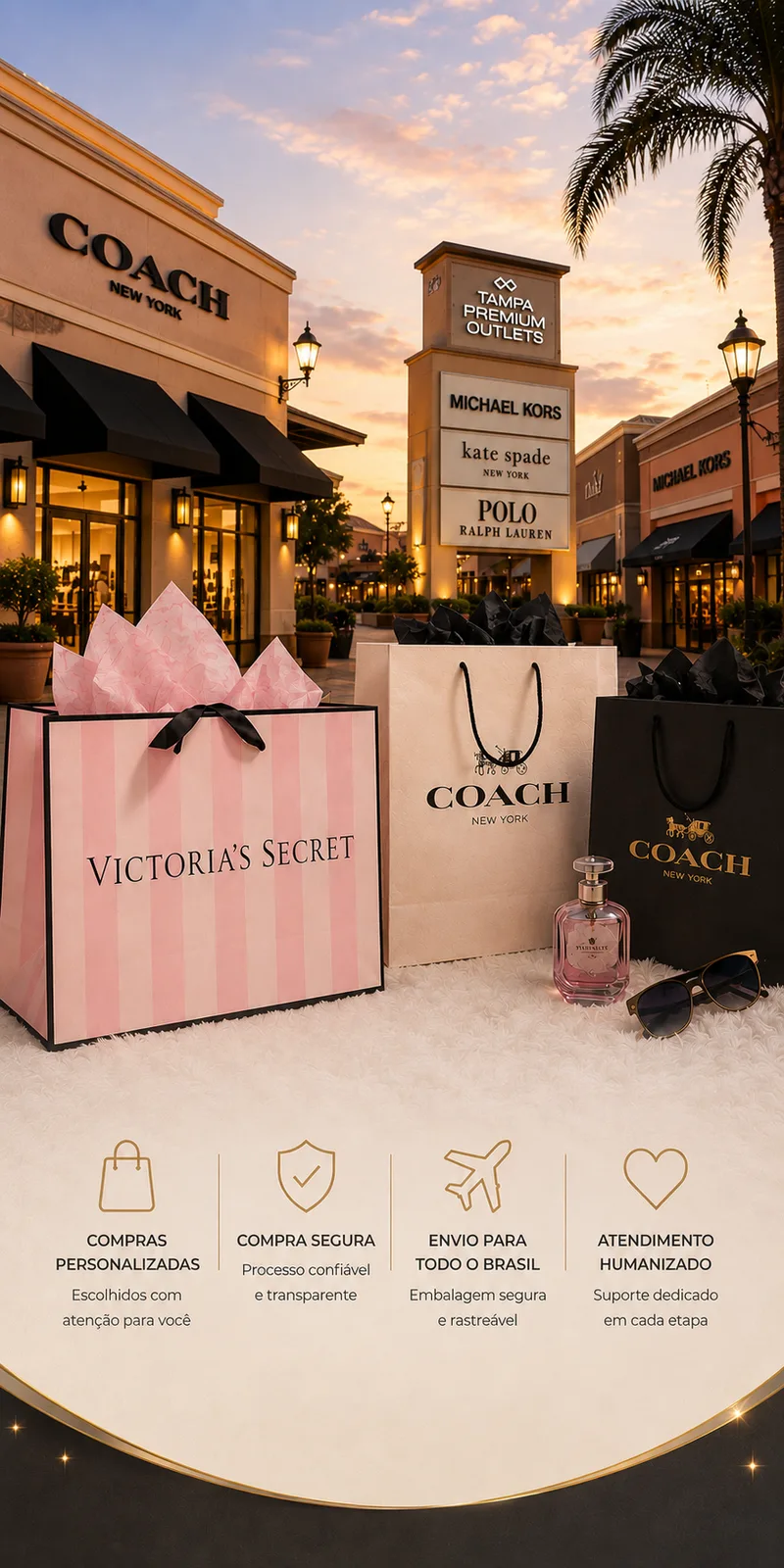 Leh, personal shopper, sentada ao lado de sacolas de compras, caixas prontas para envio, um avião em miniatura e uma mala de viagem.